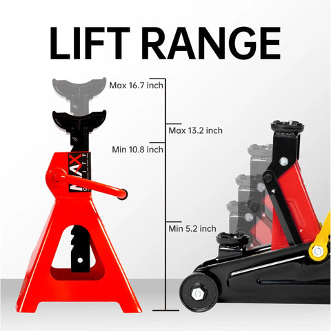 Lift range chart for Beefy 2 Ton Hydraulic Low Profile Trolley Floor Jack With Blow Mold Carrying Case And 1 Pair 2 Ton Jack Stands
