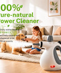 Oviievek Handheld Steam Cleaner With 15 Pcs Accessories And 1050W Fast Heating, used by child near dog, white gray portable design.