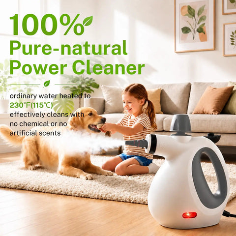 Oviievek Handheld Steam Cleaner With 15 Pcs Accessories And 1050W Fast Heating, used by child near dog, white gray portable design.