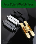 Heavy Duty Adjustable Hidden Cross Hinge Set For Zero Hang Ups 180 Degree Dead Silent Glide on four color options displayed.