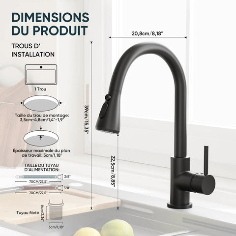 Dimensions of Brass Single Handle Kitchen Faucet With Pull Down Sprayer Matte Black High Arc Sink Faucet.