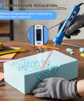 Dominox Electric Hot Wire Foam Cutter 4 Inch in use, showing temperature settings, cutting blue foam details.