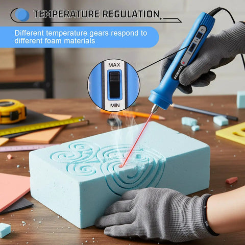 Dominox Electric Hot Wire Foam Cutter 4 Inch in use, showing temperature settings, cutting blue foam details.