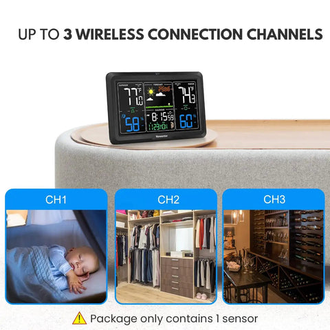 All In One Wireless Home Weather Station With 7 Point 5 Inch Display showing temperature and humidity on a table