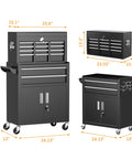 Rollin Tool Chest With Wheels And Eight Drawers, Detachable Top Box And Bottom Cabinet With Locking Mechanism, Heavy Duty Steel Toolbox For Garage, Workshop, And Warehouse, Black Liner Included, High Capacity, black steel tool chest with dimensions shown