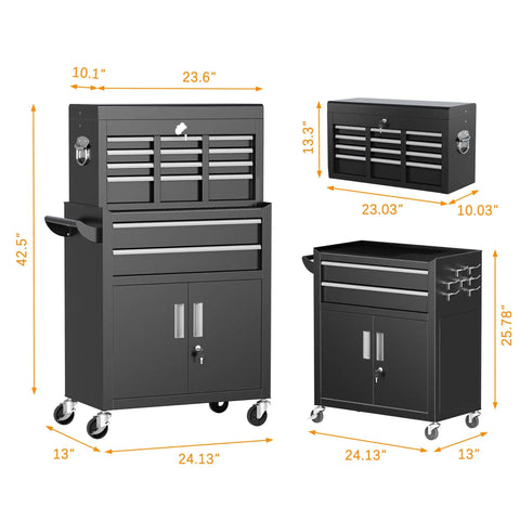 Rollin Tool Chest With Wheels And Eight Drawers, Detachable Top Box And Bottom Cabinet With Locking Mechanism, Heavy Duty Steel Toolbox For Garage, Workshop, And Warehouse, Black Liner Included, High Capacity, black steel tool chest with dimensions shown