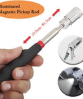 Telescoping Magnetic Pickup Tool Set With LED Light Flexible Bendable Magnetic Rod And 360 Degree Swivel Inspection Mirrors For Quick Lost Item Retrieval DIY Mechanics And Car Enthusiasts featuring an extended rod with a textured grip.