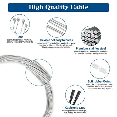 Universal Bike Brake Cable Set diagram showing cable features, including stainless steel, O-rings, and end caps.