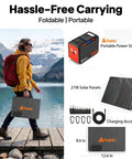 Lightweight Solar Generator 120W Peak Portable Power Station With 21W Foldable Solar Panel And 88.8Wh Battery, 110V AC Outlet For Camping, RV, Home Outages, Emergency Backup Power On The Go displayed with accessories and a woman carrying it by a lake.