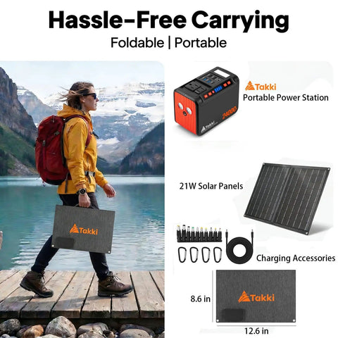 Lightweight Solar Generator 120W Peak Portable Power Station With 21W Foldable Solar Panel And 88.8Wh Battery, 110V AC Outlet For Camping, RV, Home Outages, Emergency Backup Power On The Go displayed with accessories and a woman carrying it by a lake.