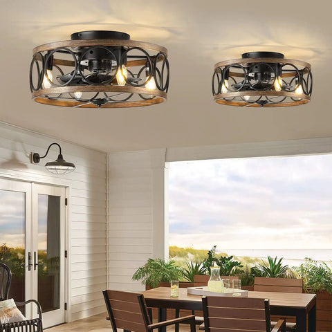 Outdoor patio setup with two Farmhouse Style Ceiling Fan With Lights Remote Control, Caged Flush Mount 18 Inch Reversible Bladeless Design