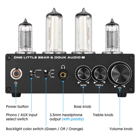 Old School Vacuum Tube Phono Preamplifier For MM And MC Turntable With Headphone Output Warm Rich Tone Magic Eye Meter Dual 6E2 And 6A2 Tubes Treble Bass Controls Home HiFi Audio Amplifier front panel with tubes, knobs, and headphone jack