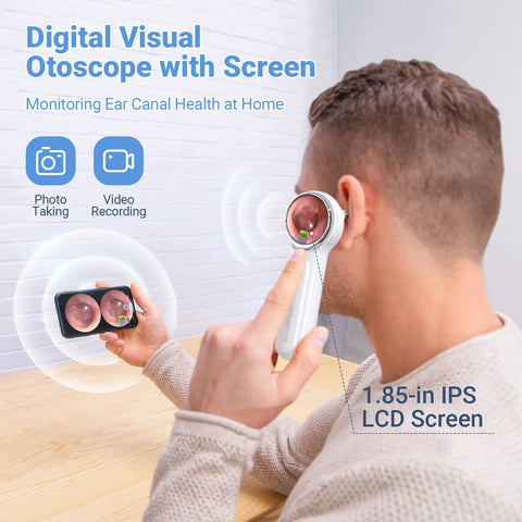 Wireless Digital Otoscope With Built In Screen And Lights For Easy At Home Ear Health Exams, Real Time Viewing, Portable Self Care Tool For Clear Ear Canal Inspections And Quick Self Diagnosis. Man using 1.85-in LCD screen