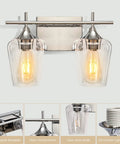 Two Light Chrome Vanity Light Fixtures With Clear Glass Shade For Over Mirror Bathroom Lighting, modern chrome finish