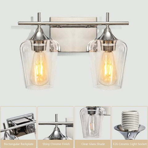 Two Light Chrome Vanity Light Fixtures With Clear Glass Shade For Over Mirror Bathroom Lighting, modern chrome finish