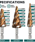 Fast Cutting M35 Cobalt HSS Step Drill Bit Set With Four Spiral Flutes And TiAlN Wear-Resistant Coating, 1/4 Inch Hex Shank