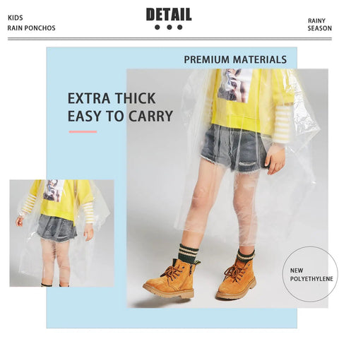 Child wearing Six Pack Kids Disposable Rain Ponchos Fifty Percent Thicker Emergency Rain Gear Clear Plastic Ponchos With Hat Rope To Keep Heads Dry Durable Yet Lightweight For Outdoor Play And School Trips