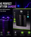 Product box showcasing RGB Gaming Speakers For PC Desktop With 21 Lighting Modes, Bluetooth Ready Stereo Computer Speakers.
