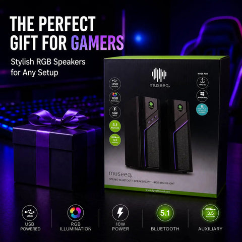 Product box showcasing RGB Gaming Speakers For PC Desktop With 21 Lighting Modes, Bluetooth Ready Stereo Computer Speakers.