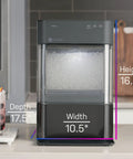 Countertop Nugget Ice Maker With WiFi Connectivity For Smart Home Kitchens Fast Chewy Ice On Tap Black Stainless Finish shown with dimensions