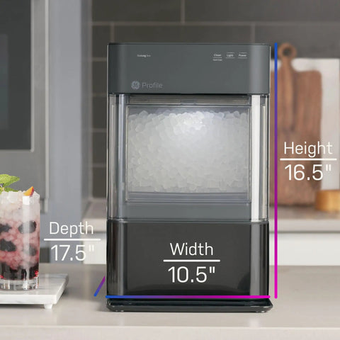 Countertop Nugget Ice Maker With WiFi Connectivity For Smart Home Kitchens Fast Chewy Ice On Tap Black Stainless Finish shown with dimensions