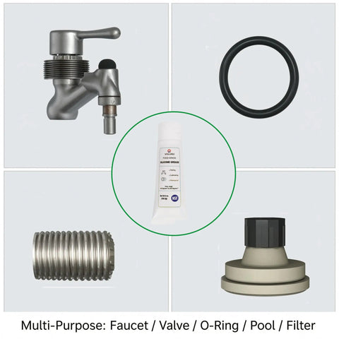 Food Grade Silicone Grease 4oz Twin Pack NSF Approved with faucet, O-ring, filter, valve, and pool equipment usage.