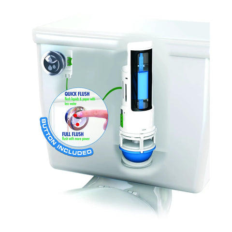 HydroRight Water Saving Dual Flush Valve With Push Button Handle for toilet conversion to dual flush, showing two flush options.