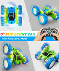 Epic 360 Degree Flip RC Car All Terrain 4WD Stunt Toy with USB C Charge modular battery and LED light strips with remote control.
