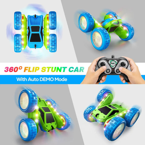 Epic 360 Degree Flip RC Car All Terrain 4WD Stunt Toy with USB C Charge modular battery and LED light strips with remote control.