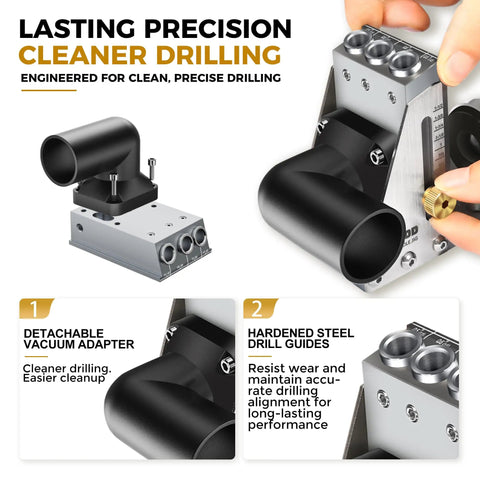 Badass Rigid All Steel Pocket Hole Jig Kit With Quick Release Toggle Clamp Heavy Duty CNC Machined Frame Zero Flex woodworking setup with detachable vacuum adapter.