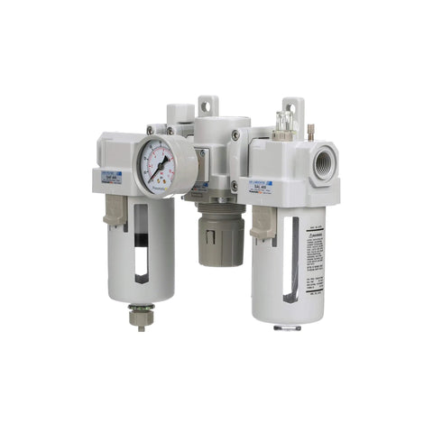 Dual Air System One Half Inch NPT Pneumatic Filter Regulator Lubricator with gauge, port drain, poly bowl, shop use