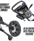 Electric Golf Push Cart With Roomy Seat Featuring Full Directional Remote Nine Speed Levels Mileage Counter Screen And Trueline Tracking showing storage console and wheel detail.