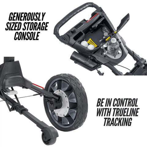 Electric Golf Push Cart With Roomy Seat Featuring Full Directional Remote Nine Speed Levels Mileage Counter Screen And Trueline Tracking showing storage console and wheel detail.
