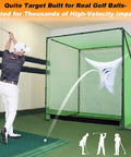 Golfer using Heavy Duty 1 Inch Steel Frame Golf Driving Cage Net For Backyard Garage Setup And Indoor Simulator, 7x7x7 Feet