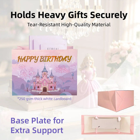 13 Inch Large Birthday Gift Bag Set With Tissue Paper And Greeting Card Pink And Purple Princess Castle Theme With Ribbon Handles
