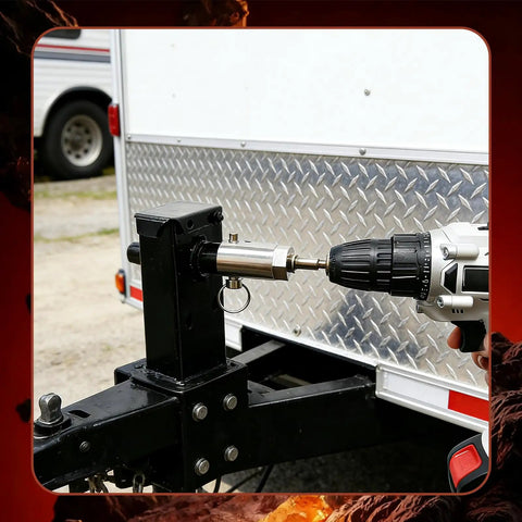 Professional Grade Trailer Jack Drill Adapter Grips Sturdy 1 Inch Drive Shaft Perfectly For Smooth Rotation Featuring Dual Socket Bits Hassle Free Rv Camper Hook Up Tool mounted on trailer with electric drill.