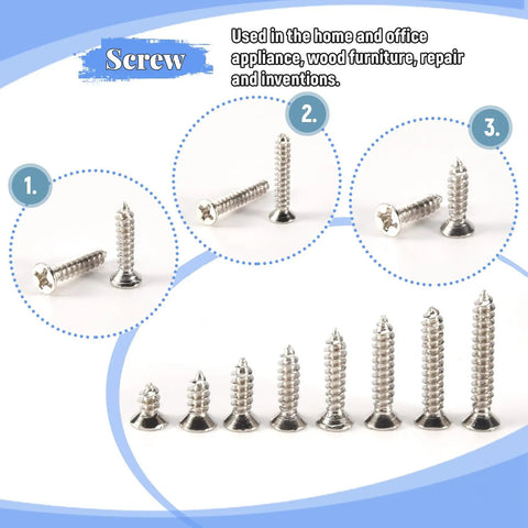 200 Pcs M3 Stainless Steel Flat Head Screws Set displayed in various angles