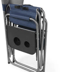 Foldable Cooler Chair With Attached Side Table for camping, hiking, and backpacking in navy, folded view with table visible.