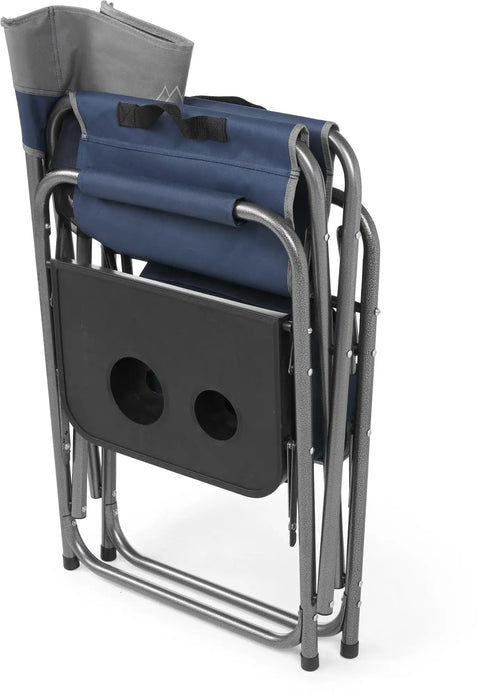 Foldable Cooler Chair With Attached Side Table for camping, hiking, and backpacking in navy, folded view with table visible.