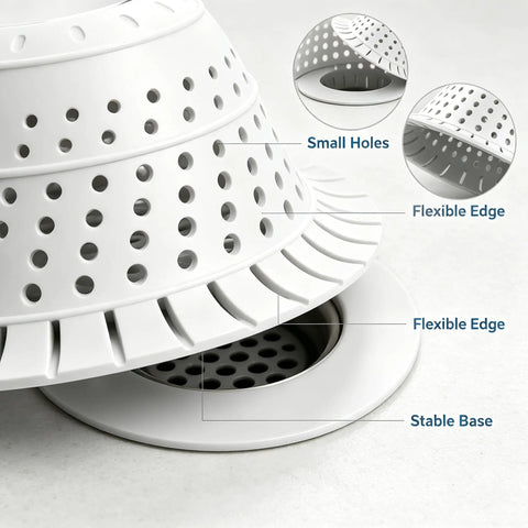 Close-up of a Bathtub Drain Strainer Silicone Bathroom Stopper Fixture showing small holes and stable base design.