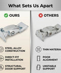Heavy Duty Rear Door Hinge For Driver Side Crafted From Premium High Strength Steel Alloy showing superior steel construction side by side.