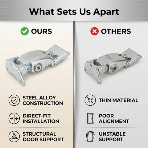 Heavy Duty Rear Door Hinge For Driver Side Crafted From Premium High Strength Steel Alloy showing superior steel construction side by side.