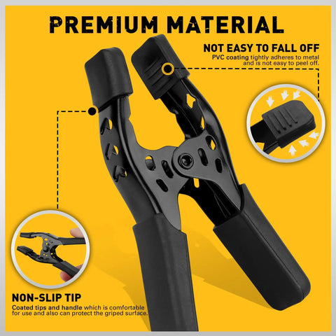 Close-up of Heavy Duty 6 Piece 4 Inch Spring Clamps, black nickel-plated steel with non-slip tips for woodworking and photography gear.