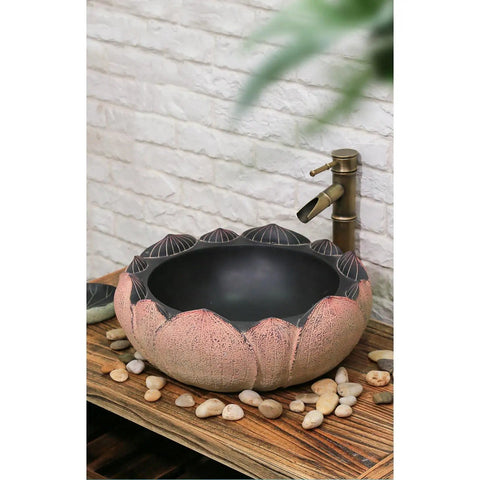 USZWBY Bathroom Vessel Sink Chinese-Style Creativity Bathroom Sink Above Counter Basin with decorative lotus design and faucet.