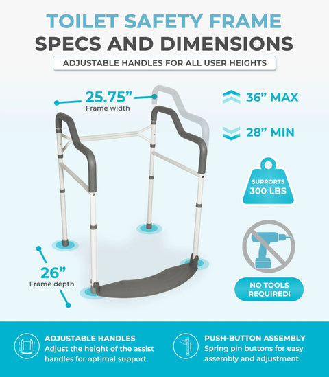 Sturdy Toilet Safety Rails For Seniors Offering Beefy Support With Plush Arm Grips And Solid Footrest, adjustable frame specs.