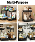 Heavy Duty Hella Spacious Pull Out Under Sink Organizer With Slick Sliding Bottom Tray For Kitchen Cabinets Bathroom Vanities And Pantries No Hassle Multi Purpose Rack filled with cleaning supplies.