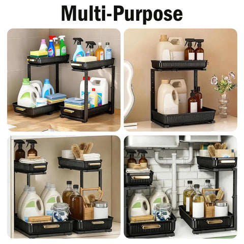 Heavy Duty Hella Spacious Pull Out Under Sink Organizer With Slick Sliding Bottom Tray For Kitchen Cabinets Bathroom Vanities And Pantries No Hassle Multi Purpose Rack filled with cleaning supplies.