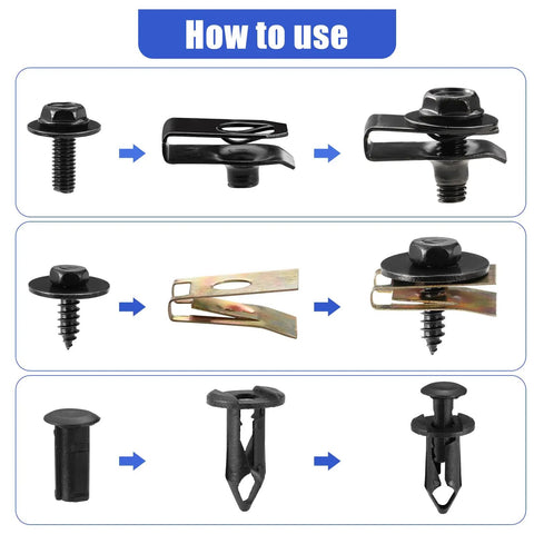 Instruction guide for All In One Car Fastener Kit With 100 Pieces Screws Bolts Undertray Clips Plastic Rivets U Nuts Engine Under Cover Splash Shield Replacement By Uolor Universal Fit For Auto Body Fender.