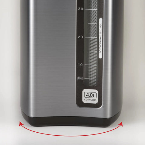 Close-up of Micom Water Boiler And Warmer With 4 Liter Capacity, showing measurement window and 4.0L label on silver finish.