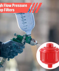 4 Pack Disposable Mini Air Water Filters For Spray Guns And Air Tools With One Quarter Inch Threads shown with spray gun